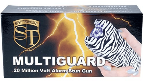 80,000,000 Volt Multiguard Stun Gun Alarm And Flashlight With Built In Charger Zebra
