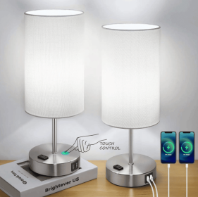 Nordic Hygge Set of 2 Touch Control Dimmable Table Lamps with 2 USB Charging Ports&AC Outlet