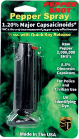 Pepper Shot 1.2% Mc 1/2 Oz Pepper Spray Hard Case Belt Clip And Quick Release Keychain (Color: Black)