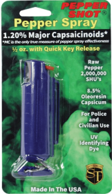 Pepper Shot 1.2% Mc 1/2 Oz Pepper Spray Hard Case Belt Clip And Quick Release Keychain (Color: Blue)