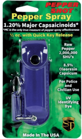 Pepper Shot 1.2% Mc 1/2 Oz Pepper Spray Leatherette Holster And Quick Release Keychain (Color: Blue)