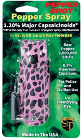 Pepper Shot 1.2% Mc 1/2 Oz Pepper Spray Fashion Leatherette Holster And Quick Release Key Chain (Color: Cheetah Black/Pink)