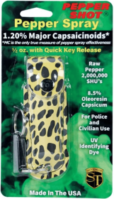 Pepper Shot 1.2% Mc 1/2 Oz Pepper Spray Fashion Leatherette Holster And Quick Release Key Chain (Color: Cheetah Black/Yellow)