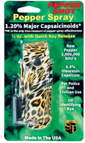 Pepper Shot 1.2% Mc 1/2 Oz Pepper Spray Fashion Leatherette Holster And Quick Release Key Chain (Color: Leopard Black/Orange)