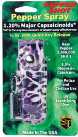 Pepper Shot 1.2% Mc 1/2 Oz Pepper Spray Fashion Leatherette Holster And Quick Release Key Chain (Color: Leopard Black/Purple)