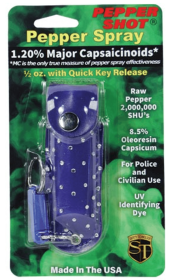 Pepper Shot 1.2% Mc 1/2 Oz Rhinestone Leatherette Holster And Quick Release Keychain (Color: Blue)