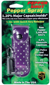 Pepper Shot 1.2% Mc 1/2 Oz Rhinestone Leatherette Holster And Quick Release Keychain (Color: Purple)